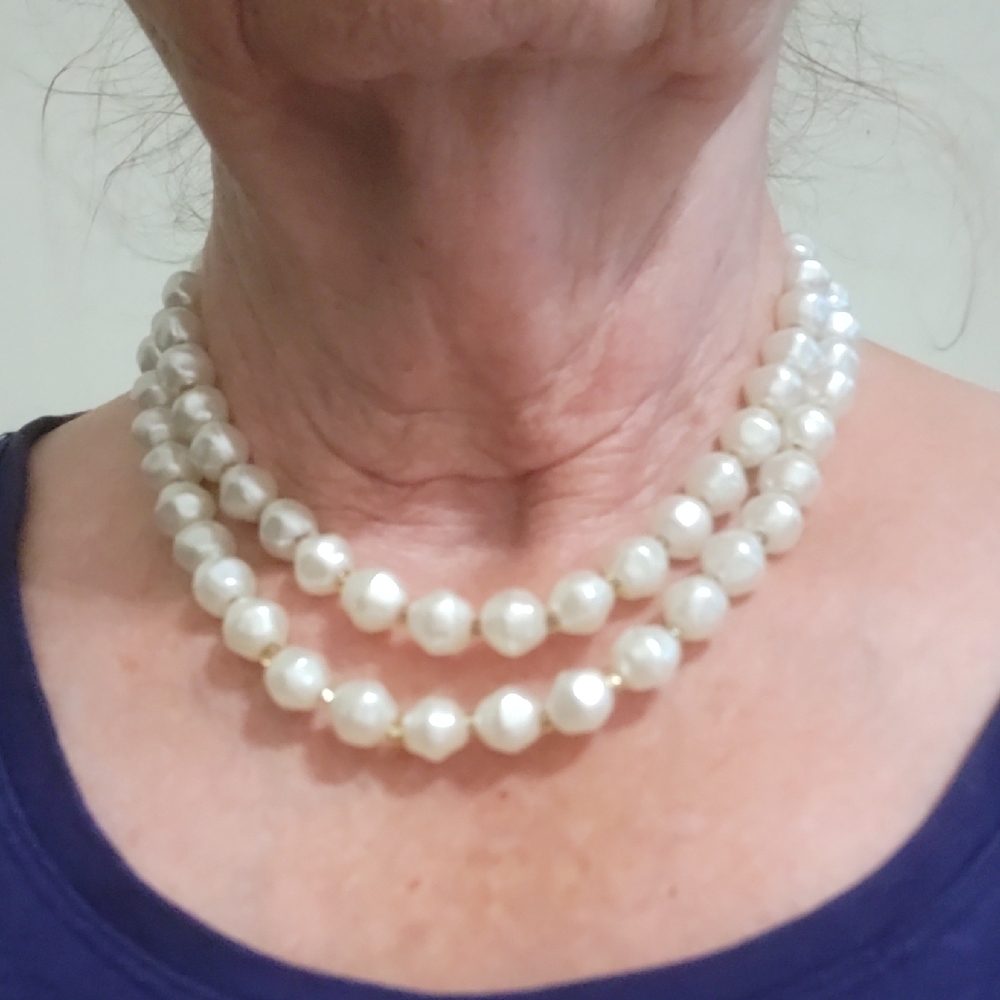 Vintage Classic Double Strand White FauxPearl Necklace with Crown Header To Hook